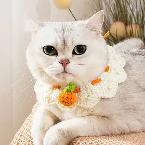 Cute Little Orange Knitted Pet Collar, Handmade Wool Cat Neckwear, Adjustable Dog Scarf