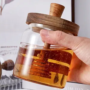 Glass Storage Bottles Honey Jars with Dipper and Lid Wide Mouth Honey Containers Syrup Dispenser for Storing Honey and Syrup