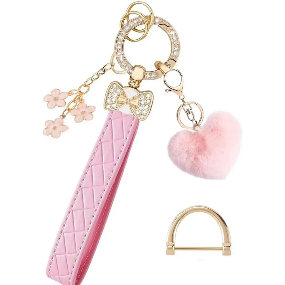 Cute Leather Wristlet Keychain for Women, Simple Bracelet with Pink Flower Bow Charms, D-Ring, and Phone Tether Tab, Keychain Jewelry, Bows, Casual, Simple Look