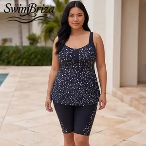 Briza｜Women's Plus Size Tankini Bathing Suit, Tummy Control Two Piece Swimsuit with Shorts, Modest Black Speckled Swimwear, Summer Beach Pool Vacation Set, Women's Swimwear, Bathing Suit for Women, Tankini Swimsuit Set, Two Piece Bathing Suit