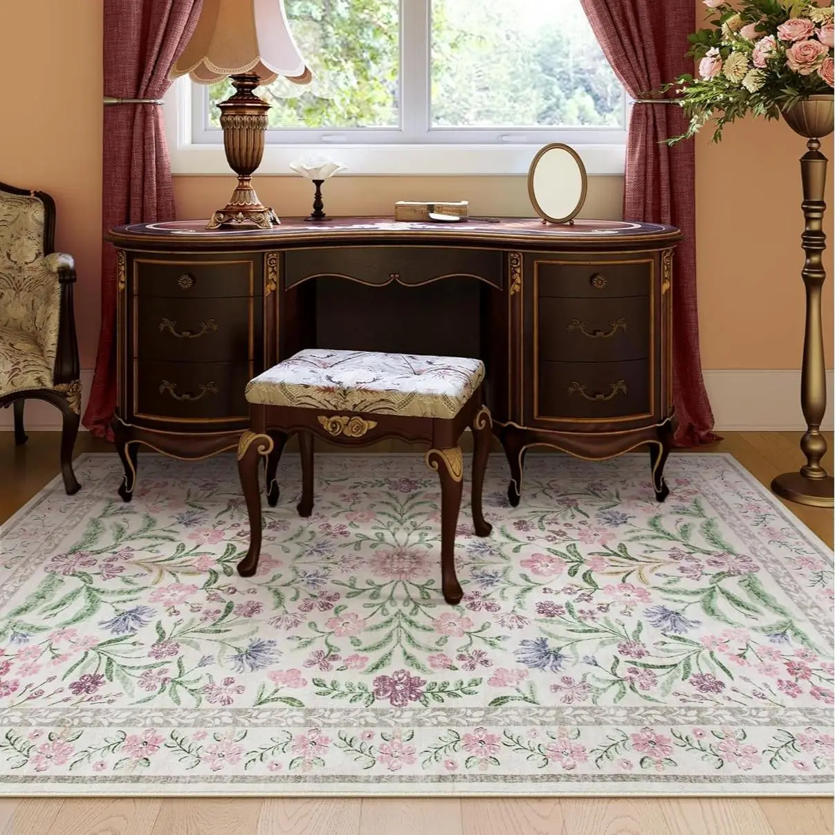 【FallFreshness】Lahome Boho Floral Area Rug – Washable, Non-Slip, Soft Thin Carpet for Living Room, Bedroom, Nursery and Kids Playroom