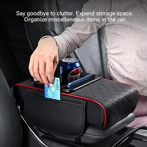 PU Leather Car Armrest Cover with Cup Holder, Napkin Box, Side Storage Bag, Multi-Season Console Pad, with Accents, Car Console Organizer