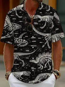 Men's casual short-sleeved shirt with black background dinosaur skeleton line drawing print