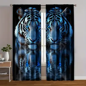 2pcs Tiger Print Blackout Curtains, 100% Polyester Woven Rod Pocket Drapes, Machine Washable, Contemporary Bedroom Decor, No Lining, Family Party Scene Window Art