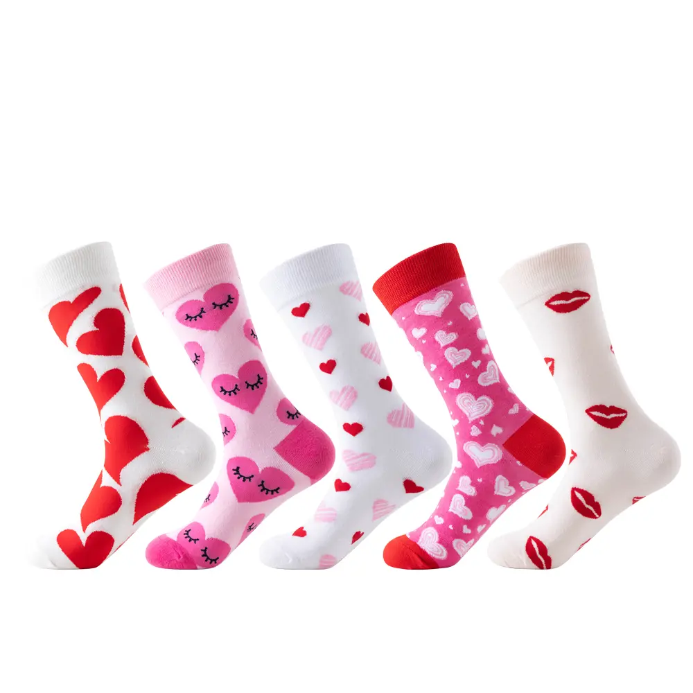 Women's Colorful Mid-Calf Socks, 5-Pair Pack with Casual Heart Patterns, Spandex Blend for Spring & Valentine's Day, Polyester, Lady, Casual Daily Socks, Valentines Day, Fun Look, Style, Five Pairs
