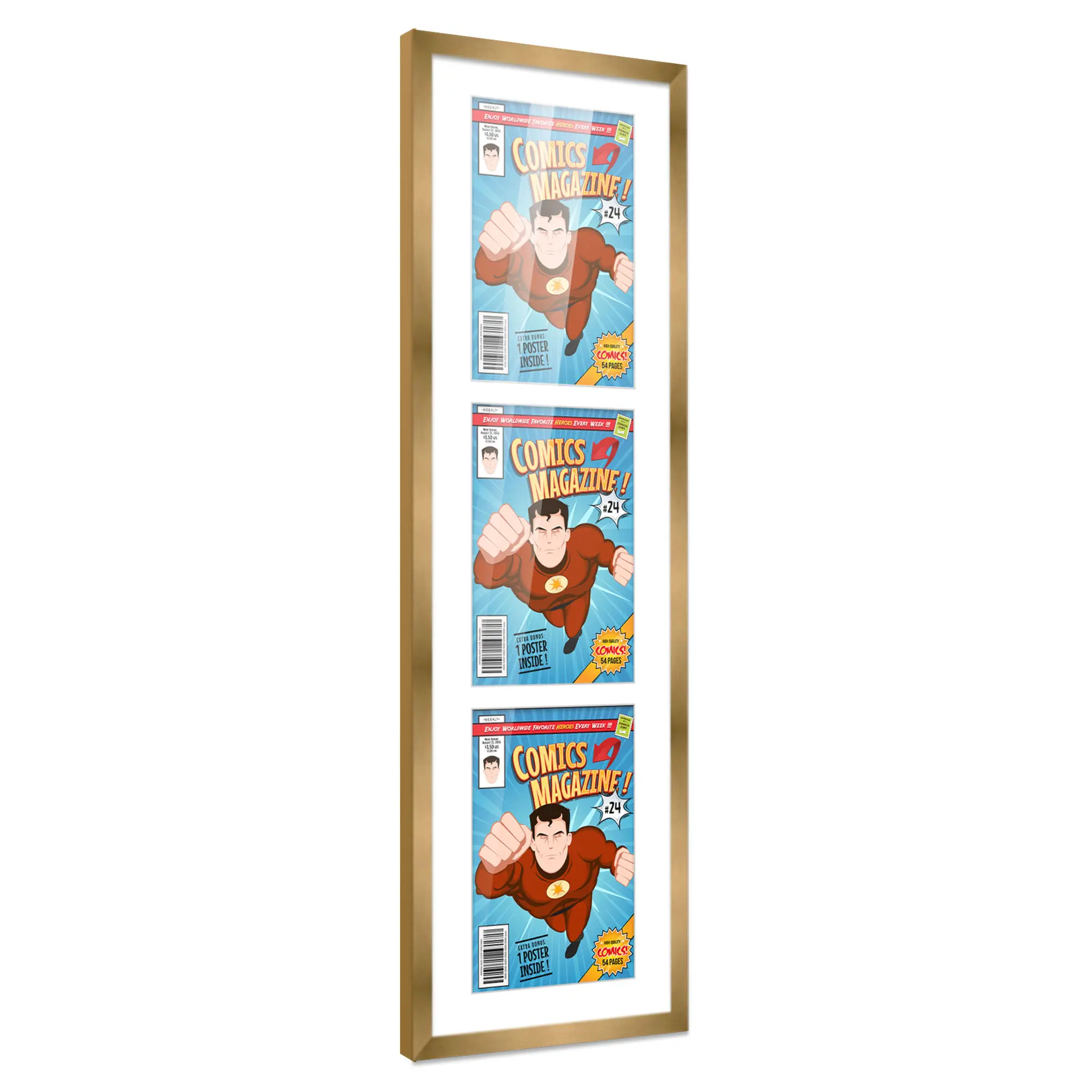 Comic Book Frame with Mat for 3 Bronze Age Comics Published Between 1970 and 1985 - Bronze Wood Comic Frame With White Mat for 7.25x10.5 Comics - 11.25x36 Frame Size