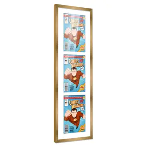 Comic Book Frame with Mat for 3 Silver Age Comics Published Between 1956 and 1970 - Bronze Wood Comic Frame With White Mat for 7.125x10.5 Comics - 11.25x36 Frame Size