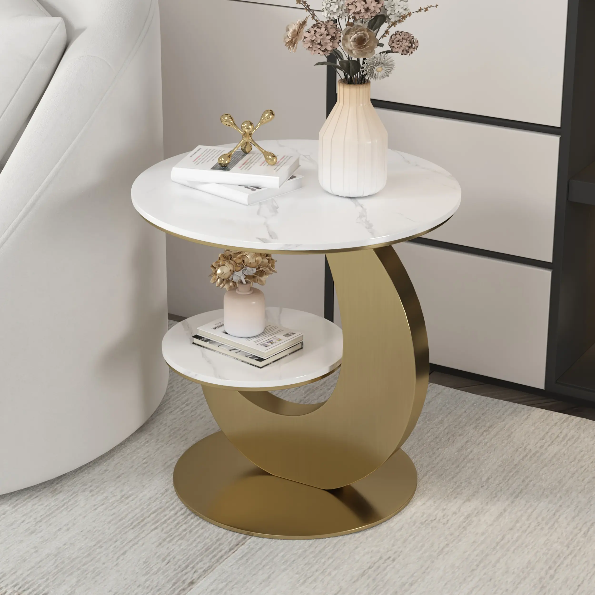 Homary 20" Round Sintered Stone Tabletop 2-Tier Gold Half-Moon Modern Accent Nightstand - Living Room Decor, Indoor End Table Furniture
