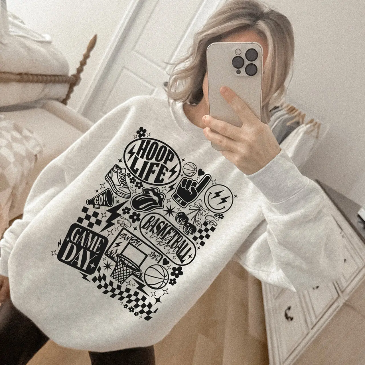 Retro Hoop Life Basketball Collage Tshirt or Sweatershirt, Fashion Game Day Apparel For Womens, Momlife, Gift For Her Top Womenswear
