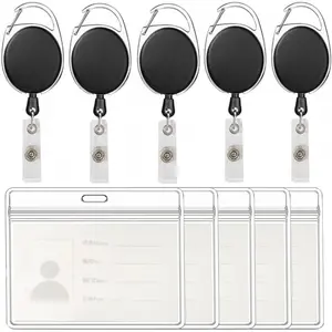 Clear ID Badge Holder, Waterproof Thick Plastic ID Card Case with Re-sealable Zipper, Vertical Retractable ID Badge and Lanyard Included - Black, 5-Pack