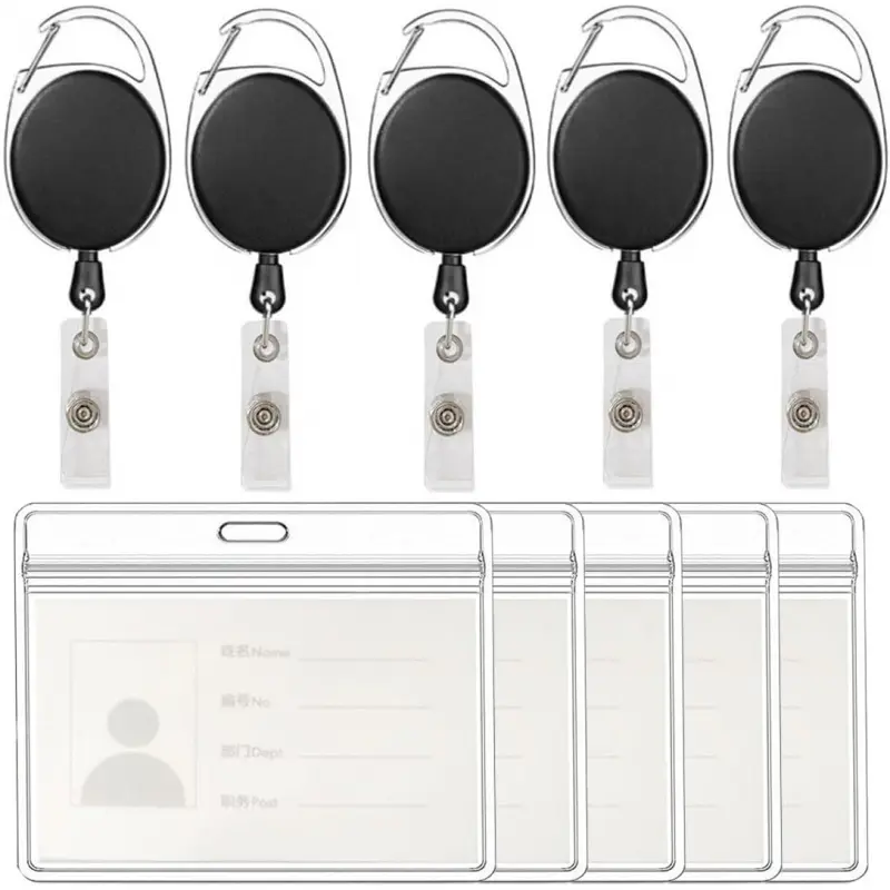 Clear ID Badge Holder, Waterproof Thick Plastic ID Card Case with Re-sealable Zipper, Vertical Retractable ID Badge and Lanyard Included - Black, 5-Pack