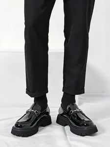 Men's Thick Sole Loafers, Glossy Leather Snaffle Buckle Formal Shoes, Casual Thick Sole Business Shoes for Office, Street Style & Business Occasions