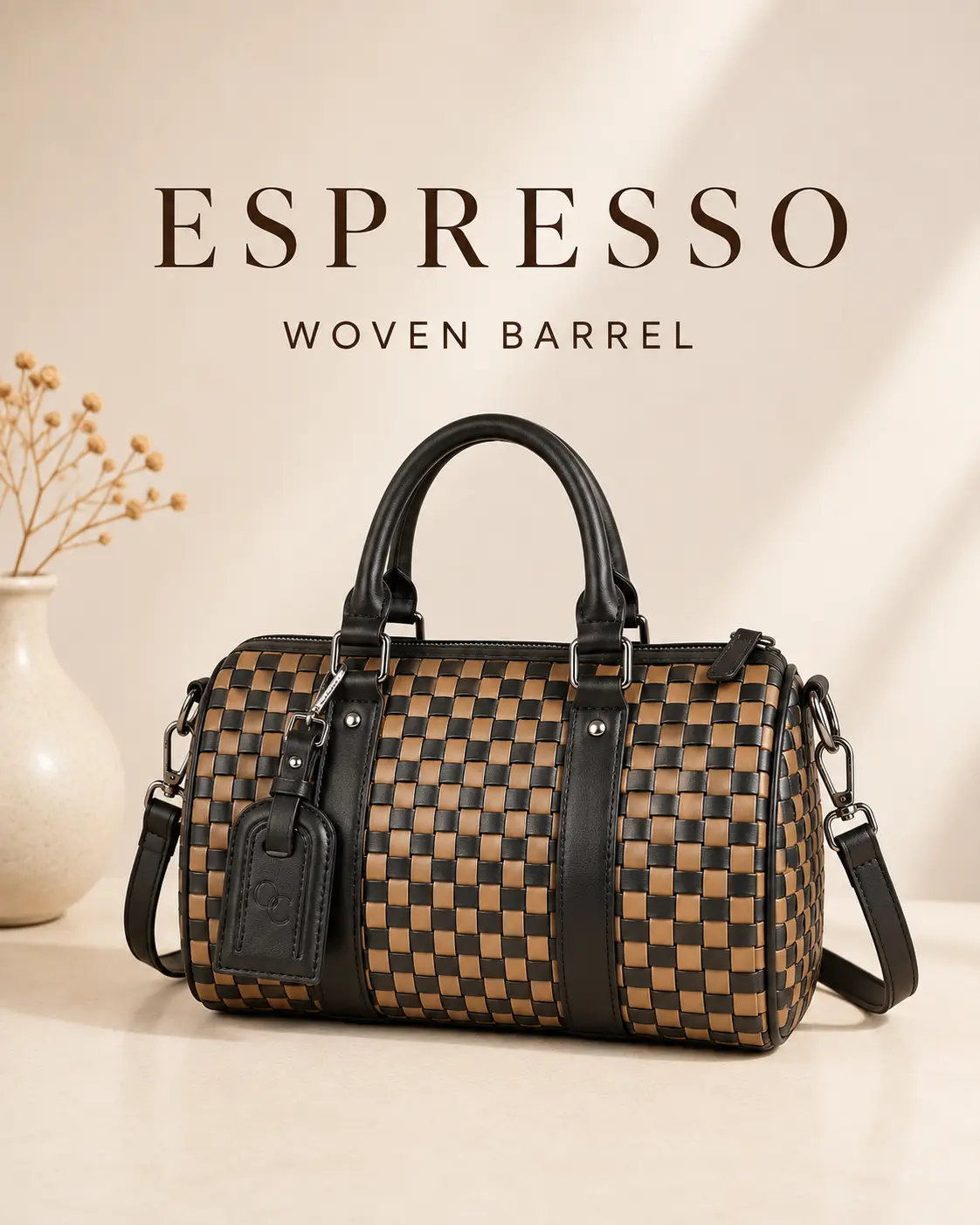 OC Signature Woven Barrel Bag Collection Authentic Bag Aesthetic Handbag, Vegan Leather, Adjustable Shoulder Strap