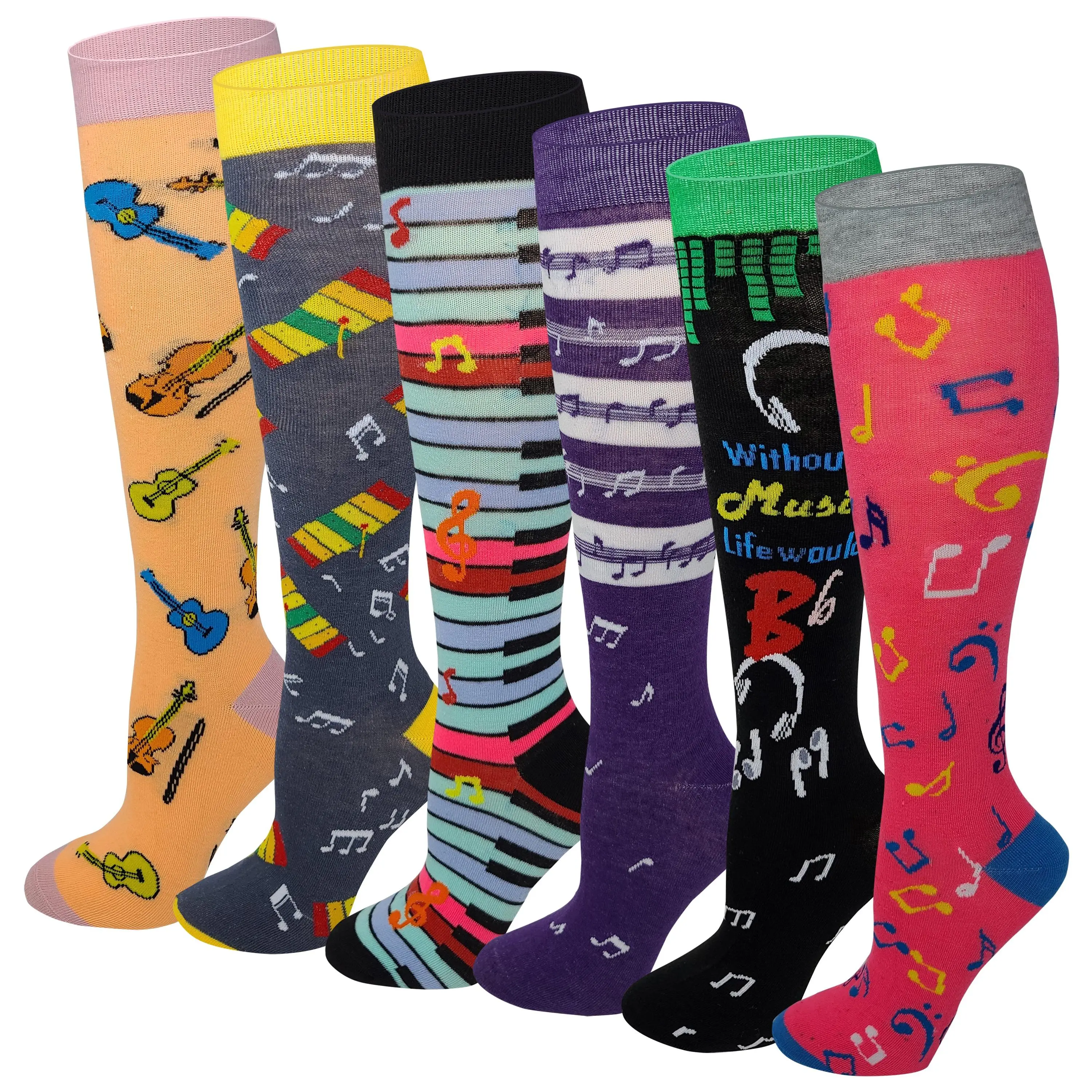 Women 6 pairs Assorted Music design Knee High Socks