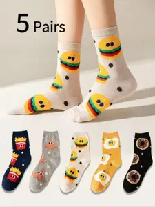 5 Pairs Women's Sock Set with Cute Cartoon Burger and Fries Pattern, Style Creative Funny Long Socks, Unisex, Comfortable, Daily Wear