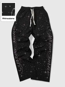 Men's Rhinestone Embellished Sweatpants, Casual Streetwear Trousers, with Sparkling Star & Pattern, Drawstring Waist, Loose Fit, Casual Night Out Style, 1 Pack
