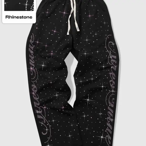 Men's Rhinestone Embellished, Casual Streetwear Trousers, with Sparkling Star & Pattern, Drawstring Waist, Loose Fit, Casual Night Out Style, Casual Sportswear Pants, Casual Sporty Pants, Decorative Sweatpants, 1 Pack