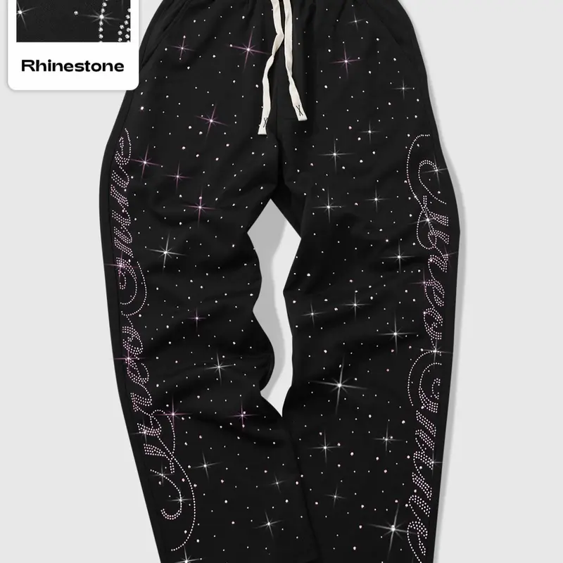Men's Rhinestone Embellished, Casual Streetwear Trousers, with Sparkling Star & Pattern, Drawstring Waist, Loose Fit, Casual Night Out Style, Casual Sportswear Pants, Casual Sporty Pants, Decorative Sweatpants, 1 Pack