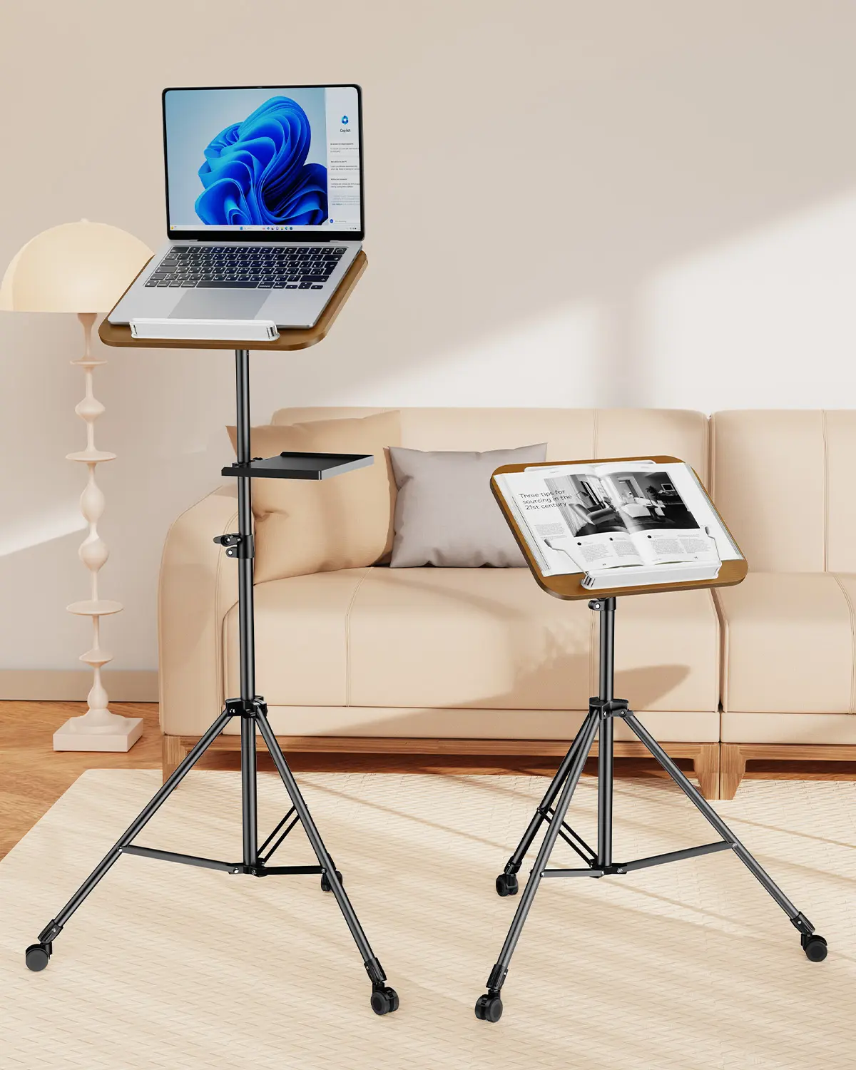 OATSBASF Floor Book Stand for Reading & Music Stand, Wood Book Stand with Removable Tray, Height Adjustment 31"-55", Floor Stand with Page Paper Clip for Music Sheets, Books, Laptops, Wood Adjustable Desk Mount summerwins