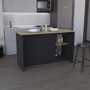 Kitchen Island with Large Countertop Open Storage Shelves and Double Door Cabinet Black/ Macadamia
