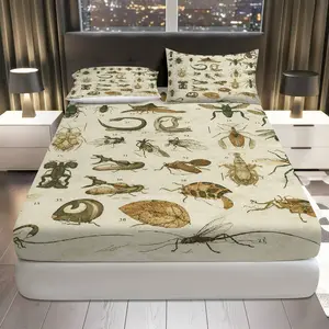 3Pcs Vintage Insect Illustration Fitted Sheet Three Piece Set (1*Fitted Sheet+2*Pillowcases, Coreless), Halloween theme, Entomology Art Bedding Set, Mattress protector Soft, Breathable, Decorative Bedsheet Sets