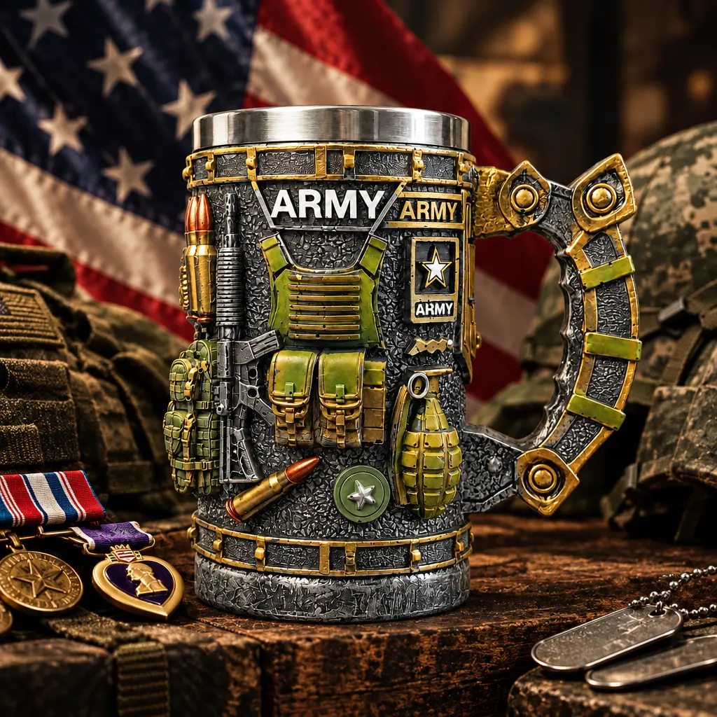 Army Military Mug 3D Carved Resin Coffee Cup with Stainless Steel Liner, 13-15 oz Military Gift for Veterans and Army Fans