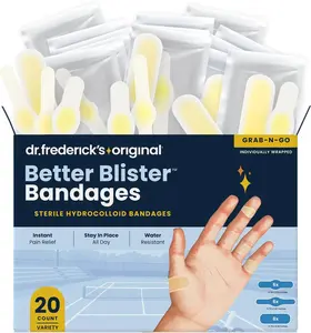 Dr. Frederick's Original Better Blister Bandages — Water-Resistant Hydrocolloid Bandages for Fingers and Hands, 3-Shape Grab-N-Go Variety Pack for Blisters, Cuts, Calluses & Abrasions, 20 Count