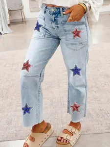 Patriotic Sequin Bow Patched Ankle-Length Shift Jeans, High-rise Waist With Classic Five-Pocket Design Offers Both Style and Function, 65%Cotton.