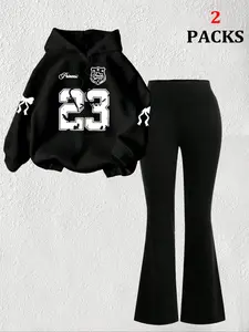Women's Warm Sweatshirt Set + Slim Fit Flare Pants, Casual Style, Loose-Fit, Summer Wear, Comfortable Fabric, Daily Use