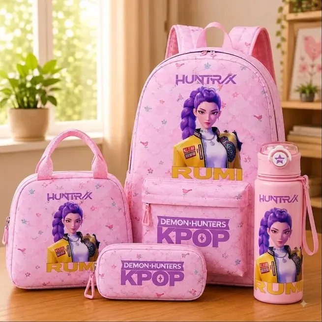 K-Pop Demon Hunters 4PC Backpack Set with Lunch Bag, Pencil Case & Water Bottle, Large Capacity Everyday Travel Bag