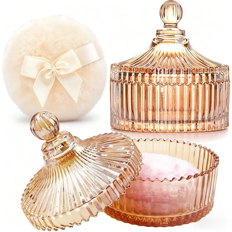 Large Glass Body Powder Jar with 2 Fluffy Puffs, 4" Dusting Powder Container & 3.5" Powder Puff Set, Multi-Use Storage Dish for Bathroom, Bedroom, Home Decoration