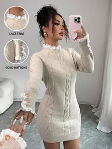 Elegant High Neck Lace Trim Button Knitted Sweater Dress, Long Sleeve Knit Fitted Midi Dress for Fall & Winter, Women's Fashion Casual Wear