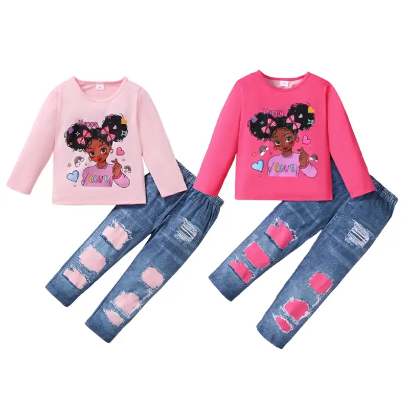 2Pcs Clothes Outfits Set for 4-7Y Little Girls Figure Print Long Sleeve Sweatshirts and Ripped Denim Pants Set,Ready Stock 22405057 Fashion Love