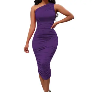 Women's One Shoulder Cocktail Dress with Drawstring Ruched Design for Night Out and Special Occasions - Slim Fit, Lightweight, and Elegant Midi Dress for Parties and Events - Womenswear