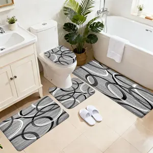 3/4pcs Bathroom Anti-Slip Mat Set, Gray Base with Circular Pattern, Home Decor Shower Room Door Absorbent Mat, Soft Thickened Quick-Dry Carpet for Home Use, Toilet Laundry Room Accessory Foot Mat, Bedroom Entry Door Mat, Non-Slip Small Bath Mat
