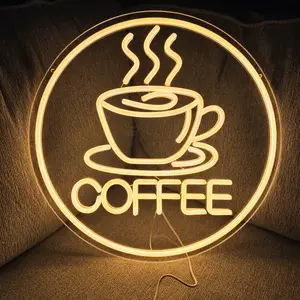 LED Coffee Neon Sign Wall Decor, 16 Inch Warm White USB Powered Light for Café, Kitchen & Home Bar