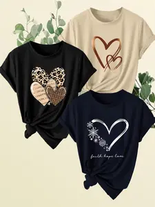 Women's Fashion Simple Knit Summer Print Short Sleeve Fitted T-Shirt Set Tops, Casual Daily Wear, 3-Piece Essentials, Must-Have Clothing Items, Breathable