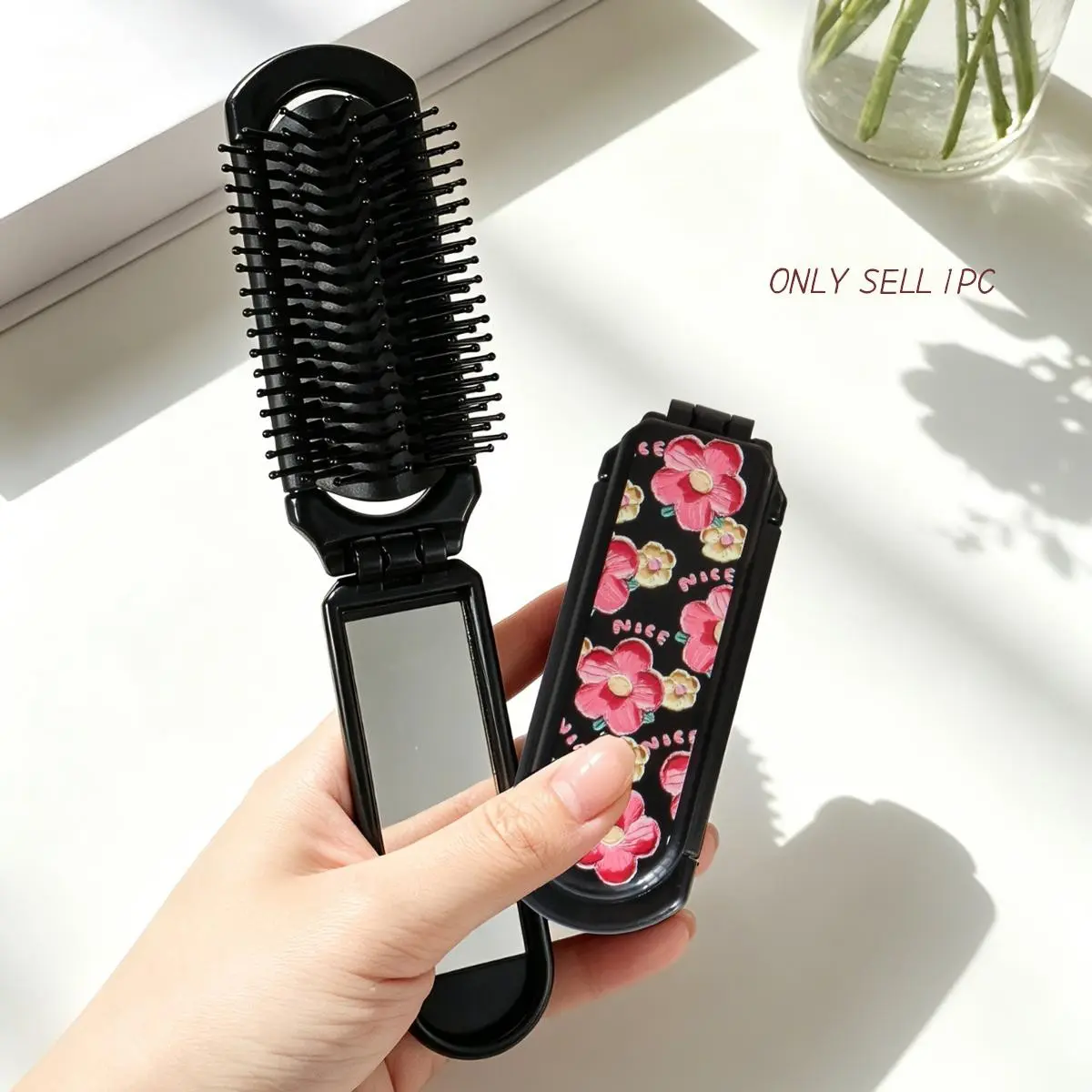 Foldable Comb with Mirror, Tulip Print Design, Flower, Portable Travel Comb, Milk, Hair Styling Comb for Women, Gift Idea for Men and Women