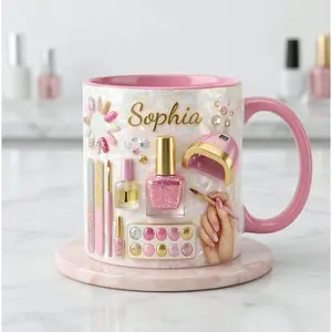 Personalized Nail Tech Ceramic Mug, Custom Name Makeup & Nail Polish Printed Graphic Design, Aesthetic Beauty Salon Theme Souvenir Cup, Unique Gift for Manicurists, 11oz Pink Accent Durable High-Quality Drinkware
