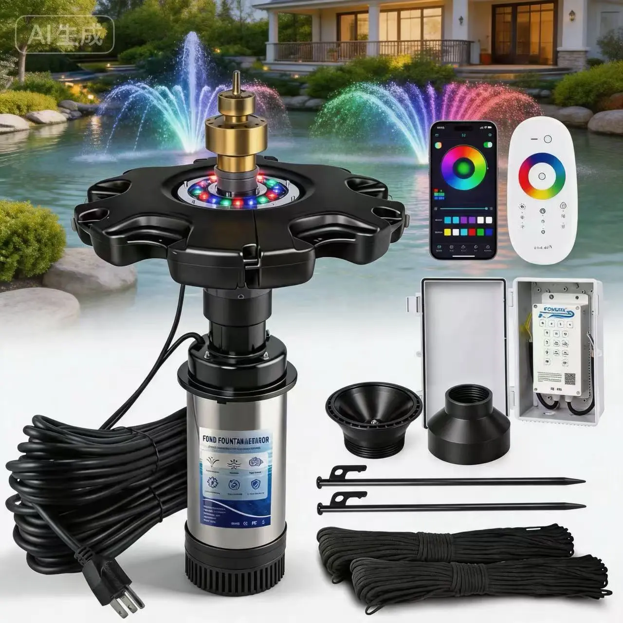 RGB LED Pond Fountain Aerator Water Fountain Pump - 750W 1HP, 15000 GPH Floating Aerating Pump, Color-Changing Lights, 100ft Power Cord, Controller, APP & Remote Control, Ideal for Ponds & Lakes (120V), Efficient Pump