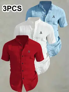 3-Pack Men's Summer Short Sleeve Print Shirts, Breathable Solid Collar Button-Up, Ideal for Beach Pool, Casual Swimwear, Perfect for Summer