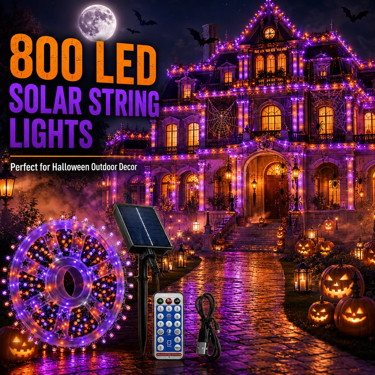 LED Solar Halloween Orange & Purple String Lights - 800-Light, 334.6ft Outdoor, Waterproof, Remote Control, for Porches, Fences, Yds, Holiday Decorations