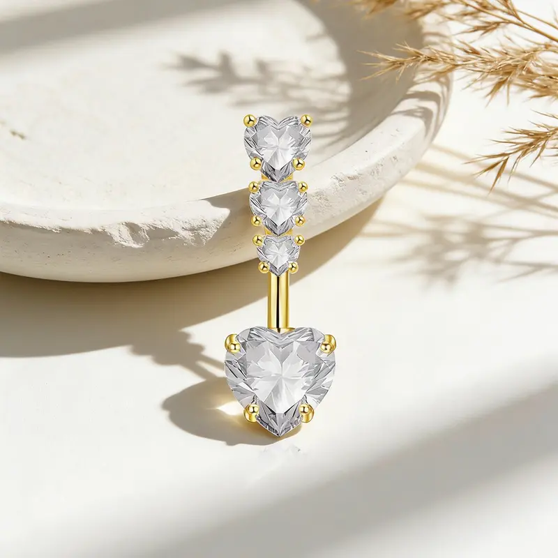 Luxury Fashion Heart-Shaped Artificial Zircon Cz Bling Belly Ring, Gems For Piercings, Women's Body Jewelry, Casual Party Accessory, All Seasons Wear, Body Jewellery, Belly Button Rings