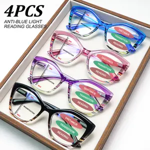 4-pack stylish progressive multifocal anti-blue light reading glasses, designed specifically for women. Featuring triple vision adjustment, spring hinges adapt to all face shapes, and relieve eye strain. An ideal choice for daily commuting and office use.