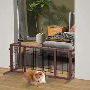 Niubya 38"-71" Adjustable Wooden Pet Gate for Dogs, Indoor Freestanding Dog Fence for Doorways, Stairs, Deep Brown
