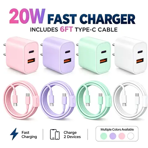 4-Pack 20W Dual Port Fast Charger, Type C and USB A Wall Adapter with 6FT USB C to C Cable, 480Mbps Data Transfer, Compact Travel Charging Kit for iPhone 17/16/15 Pro Max iPad Samsung Android Phones