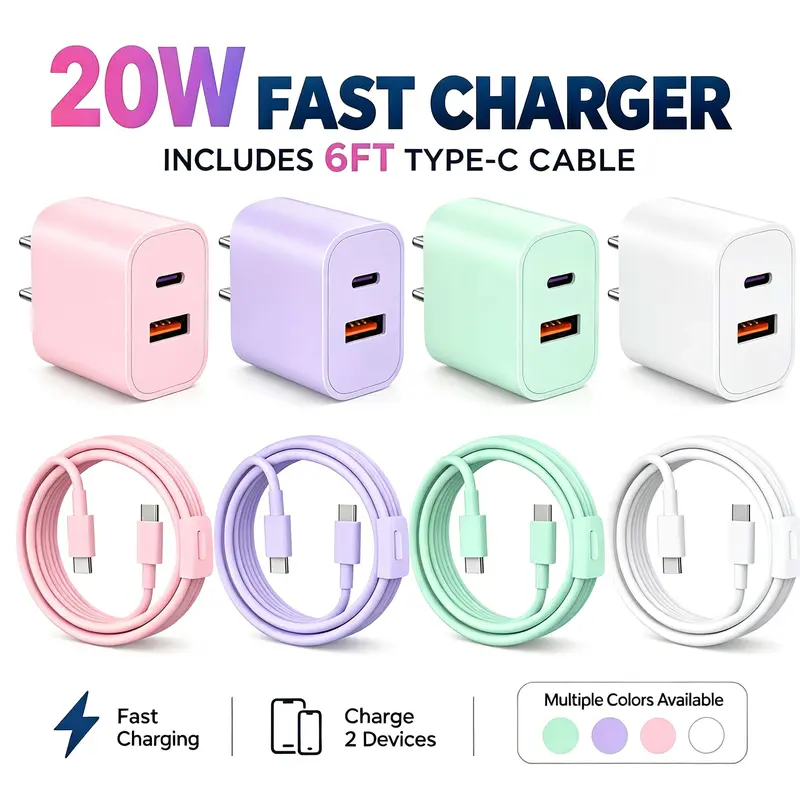 4-Pack 20W Dual Port Fast Charger, Type C and USB A Wall Adapter with 6FT USB C to C Cable, 480Mbps Data Transfer, Compact Travel Charging Kit for iPhone 17/16/15 Pro Max iPad Samsung Android Phones