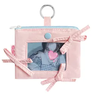 Cute Zipper Pouch for Photo Cards, Small Bow Coin Purse ID Case Wallet with Clear Window & O-Ring Clasp, Coquette Style Bag Charm for K-pop Fans