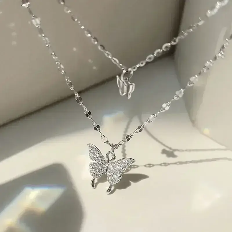 Double Layer Butterfly Necklace for Women, Lats Sparkling Collar Chain, Exquisite Jewelry, Banquet Party, Holiday Gift, 1