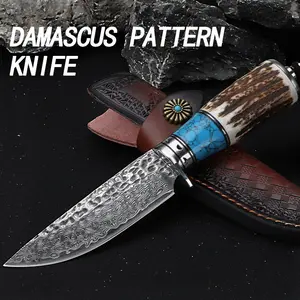 1pc handmade Damascus steel fixed blade knife - 8 inch spear point blade Bowie hunting skinning knife with exotic antler handle, straight blade, lightweight, non folding, with leather sheath